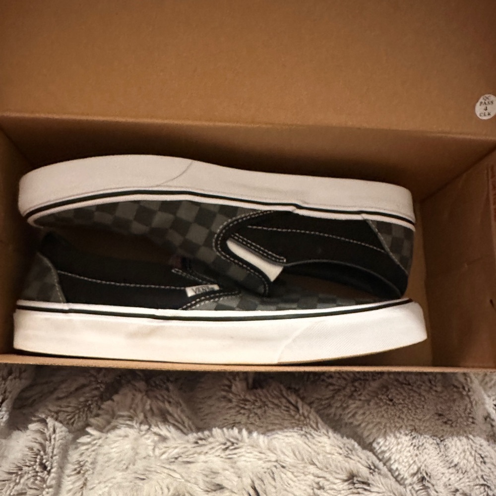 Vans Men's Gray and Black Checkered Slip-On Sneakers